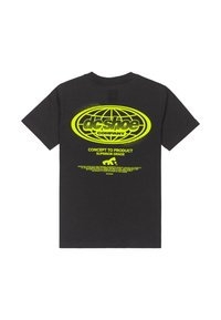 Černé bavlněné tričko s velkým žlutým grafickým motivem globu a textem "dc shoe COMPANY" a "CONCEPT TO PRODUCT" na zádech.