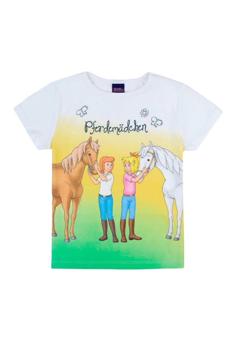 T-shirt bianco in cotone con una grafica che raffigura due ragazze con i cavalli. Sfondo con gradiente dal giallo al verde, con farfalle e la parola "Pferdemädchen."