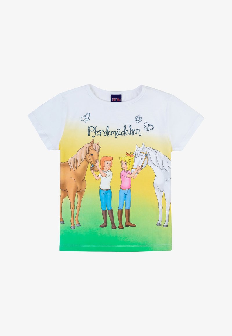 T-shirt bianco in cotone con una grafica che raffigura due ragazze con i cavalli. Sfondo con gradiente dal giallo al verde, con farfalle e la parola "Pferdemädchen."