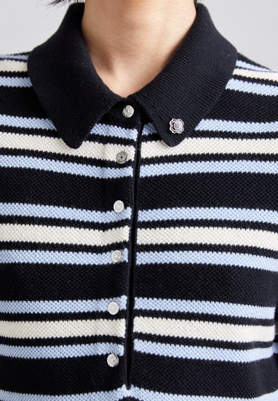Knitted polo shirt with navy, light blue, and cream stripes; features a collar, silver buttons, and a floral pin detail on the collar.