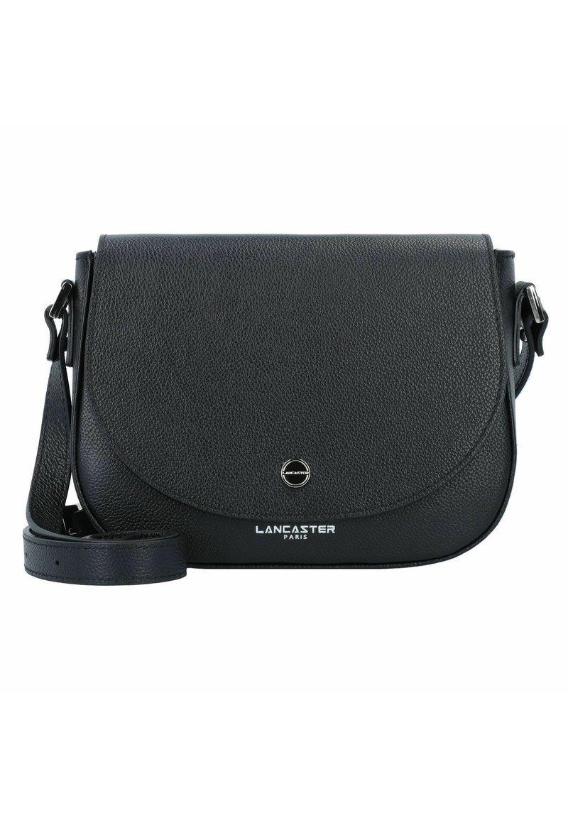Black leather crossbody bag with a textured exterior, rounded flap closure, silver hardware, and printed "LANCASTER PARIS" logo.