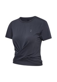 Mörkgrå tränings t-shirt med rund halsringning, korta ärmar och en tvistad frontdesign. Tillverkad av ett slätt, stretchigt material med en subtil logo.