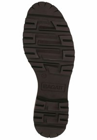 Semelle de chaussure en caoutchouc noir avec des rainures profondes, logo en relief "BAGATT" et taille numéro 37, conçue pour l'adhérence et la durabilité.