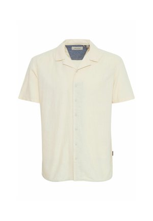 Hele beež lühikeste varrukatega särk, mis on valmistatud lina segust, koos krae ja esise nupuluugiga, õrnalt tekstuuriga ja sirge lõikega.