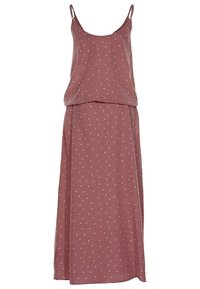 Maxiklänning i dammig mauve med tunna axelremmar, löst sittande passform, med vita stjärnmönster över hela plagget. Mjuk, lätt tyg med en flödande design.