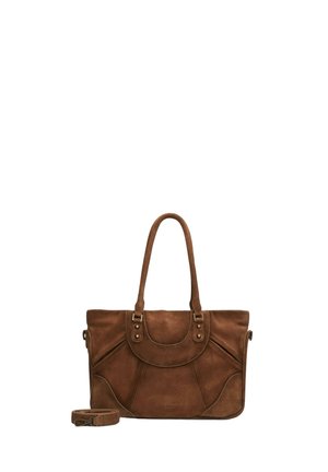 Braune Ledertasche mit zwei Griffen und einem abnehmbaren Schulterriemen, neben ihr auf weißem Hintergrund platziert.