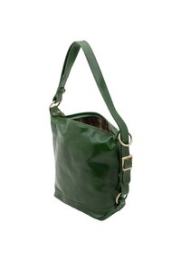 Groene leren schoudertas met een gladde textuur, verstelbare schouderriem, ritssluiting en geruite voering. Voorzien van metalen hardware accenten.