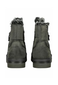 Grüne Wildleder-Stiefeletten mit einem gefütterten Kragen aus Fell, seitlichen Reißverschlüssen, robusten schwarzen Gummisohlen und kontrastierenden Stitching-Details.