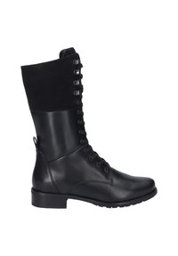 Botte noire en cuir jusqu'au genou avec tige en daim, lacets à l'avant, œillets en métal et un petit talon carré pour la stabilité.