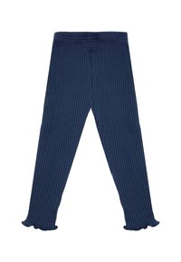 Granatowe leginsy prążkowane o dopasowanym kroju, z miękką teksturą i rozszerzanymi nogawkami przy kostkach. Elastyczny pas dla wygody.