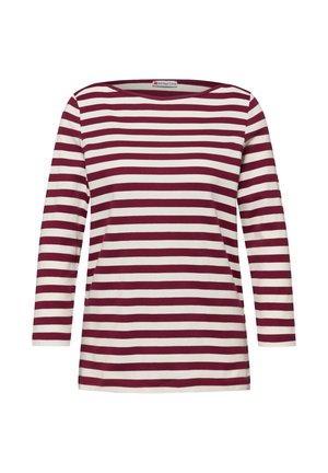 Chemise à manches longues avec des rayures horizontales bordeaux et blanches, col rond et ourlet droit.