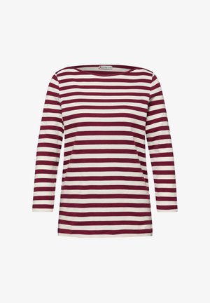 Koszula z długim rękawem w poziome bordowo-białe paski, z okrągłym dekoltem i prostym dołem.