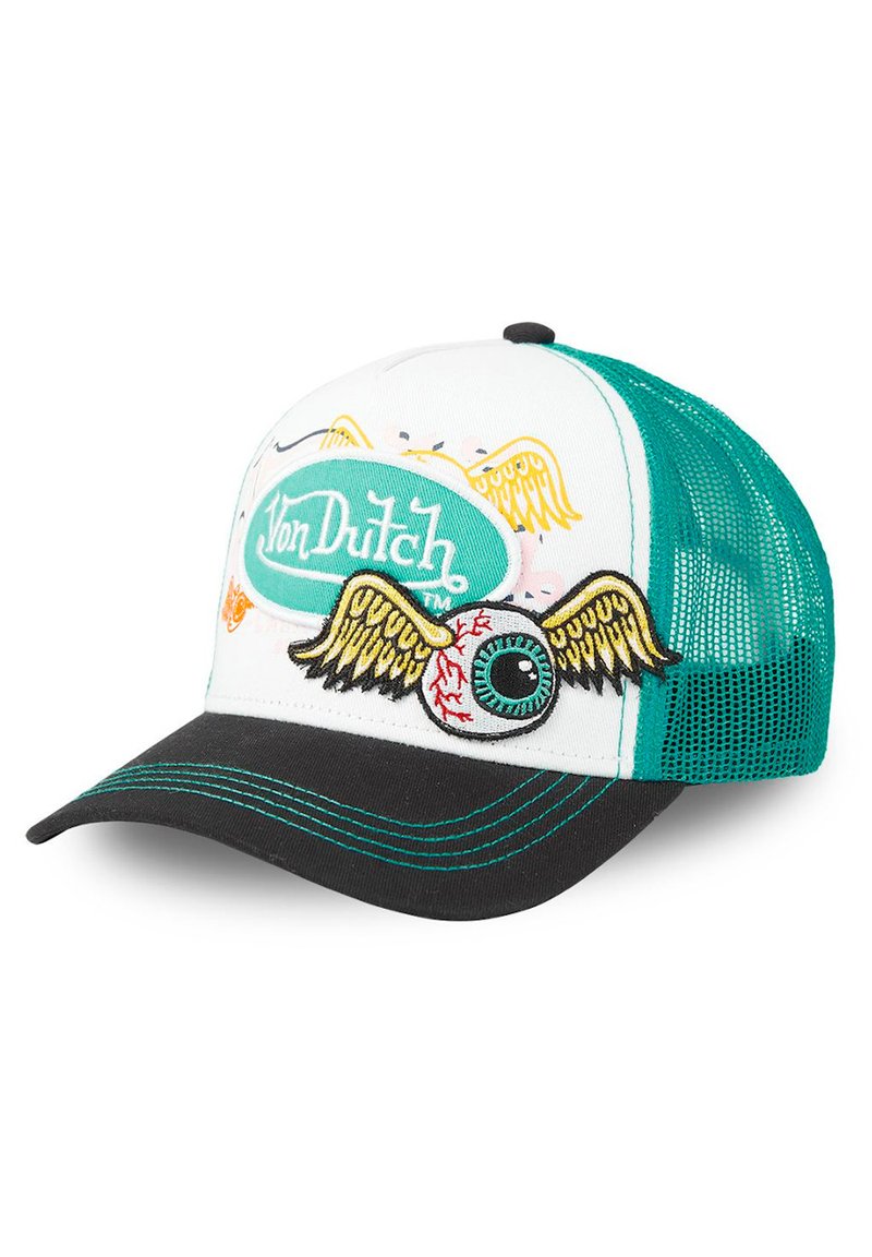 Casquette de camionneur blanche avec filet turquoise, visière noire et broderies vertes. Elle arbore un œil volant coloré brodé et le logo "Von Dutch".