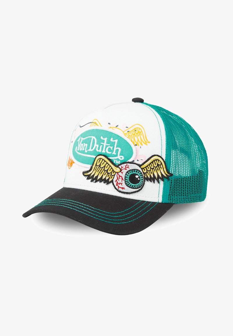 Casquette de camionneur blanche avec filet turquoise, visière noire et broderies vertes. Elle arbore un œil volant coloré brodé et le logo "Von Dutch".