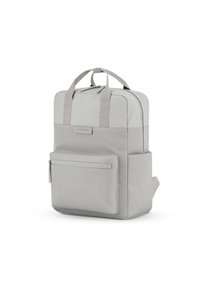 Zaino grigio con tessuto testurizzato, doppio manico, tasca frontale con zip e design rettangolare elegante.