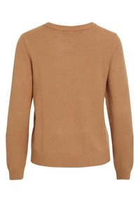 Pull en laine marron, col rond, manches longues, bords-côtes aux poignets et à l'ourlet, texture lisse, design minimaliste, couleur unie, sans motifs visibles.