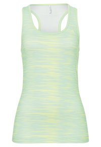 Jasnozielony top na ramionkach z subtelnym wzorem w żółte paski, wykonany z oddychającego materiału, z dekoltem w serek i designem wyścigowym na plecach.