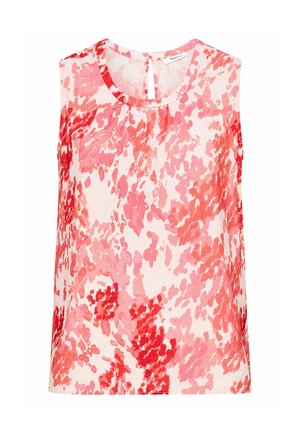 Tílko bez rukávů s kulatým výstřihem a rozparkem vzadu, zdobené abstraktním akvarelovým květinovým vzorem v červené a růžové na bílém materiálu.