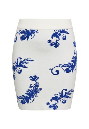 Gonna a maglia bianca con fantasie floreali blu; forma sagomata, vita elastica, dettagli intricati in tutto il capo. Tessuto liscio.