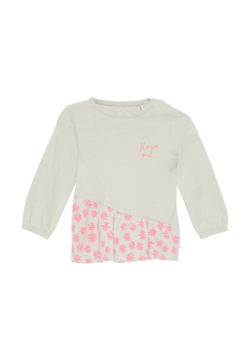 Lichtgrijs, langslavende shirt met een roze bloemenpatroon aan de onderrand. Bevat de borduursel "flower girl" in het roze op de borst. Zachte katoenen stof.