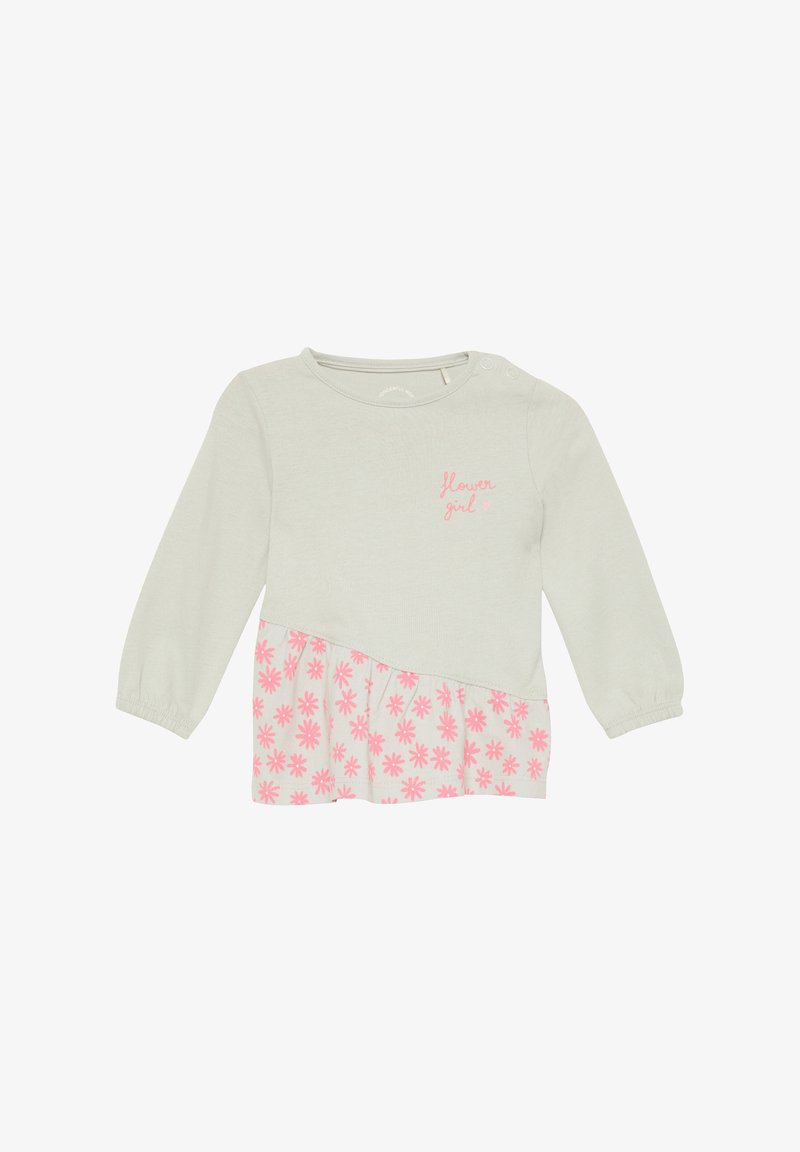 Light gray long-sleeve shirt with a pink flower-patterned ruffle hem. Features "flower girl" embroidery in pink on the chest. Soft cotton material.