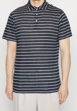 Navy striped polo shirt made from lightweight fabric, featuring a collar, three-button placket, and a small embroidered logo on the chest.