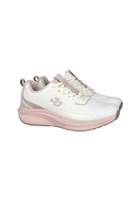 Zapatillas deportivas en blanco y rosa claro con un upper texturizado, collar acolchado, cordones y una suela gruesa y de soporte con un diseño estriado.
