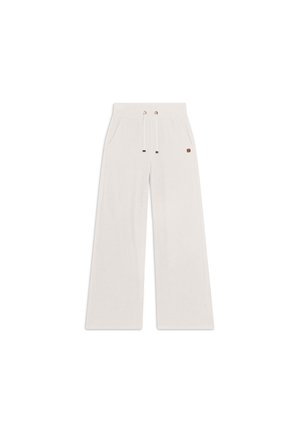 Pantaloni a gamba larga in morbido tessuto beige, con elastico in vita, tasche frontali e un piccolo dettaglio con logo sul lato.
