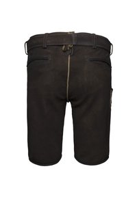Bruine leren shorts met een hoge taille, vijf zakken en een ritssluiting. De stof heeft een gladde textuur en minimale stiksels.