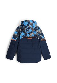 Dunkelblaue gepolsterte Jacke mit Kapuze, ausgestattet mit einem mehrfarbigen Oberteil in Blau und Grau, orangefarbenen Akzenten und einem Logo auf dem Rücken.