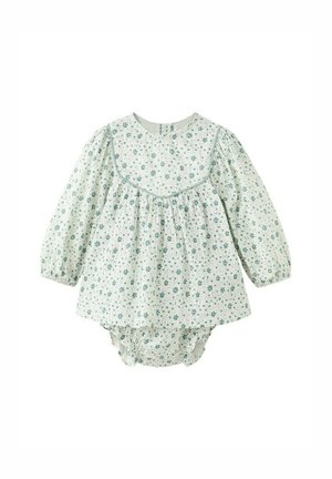 Langærmet hvid babyheldragt med grønt blomsterprint og detaljeret indsamlet bærestykke, med elastiske manchetter og matchende bloomers.