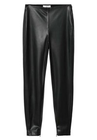 Black faux leather leggings with a smooth texture, slim fit, and zippers at the ankle. Features a high waist design for added comfort.