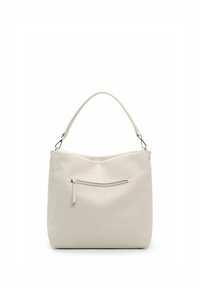 White textured leather handbag with a curved top, a single handle, and a front zip pocket. Features minimalistic design with silver hardware accents.