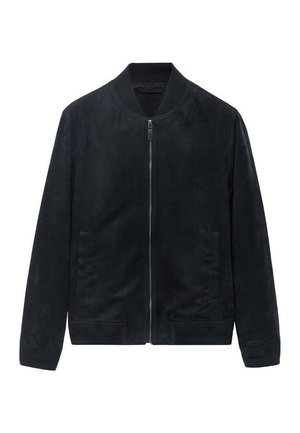 Veste bomber en suede noire avec fermeture éclair, col côtelé et deux poches latérales. Texture lisse avec un design minimal.
