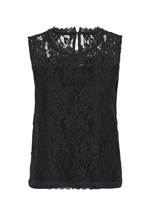 Black lace sleeveless top with floral pattern, scalloped neckline, and keyhole back. Lightweight fabric with a textured finish.