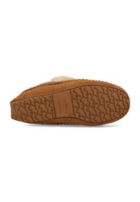 Tan suede pantoffelzool met een gemêleerd rubberen profiel, voorzien van een subtiele logoafdruk en ronde randen voor verhoogd comfort en grip.