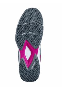 Semelle de chaussure avec un design en caoutchouc texturé, principalement gris avec des accents roses et des sections lisses, conçue pour l'adhérence et la traction.