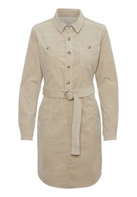 Abito in corduroy beige con colletto, maniche lunghe, apertura con bottoni, due tasche sul petto e una cintura in tessuto con fibbia circolare.
