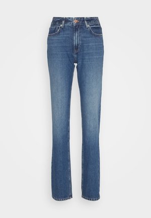 Μπλε τζιν παντελόνι με ψηλή μέση, ίσια γραμμή και διακριτική φθορά. Διαθέτει κλασικό σχεδιασμό πέντε τσεπών και μεταλλικό κλείσιμο με κουμπί.