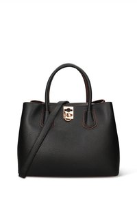 Zwarte leren handtas met een gestructureerd oppervlak, dubbele bovenhandvatten, verstelbare schouderriem en een goudkleurige gesp met een logo-detail.