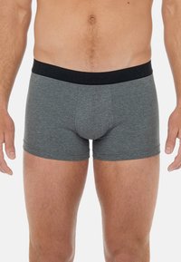 Gray cotton boxer shorts with a black elastic waistband featuring embossed logo detail. Fitted design, mid-thigh length, smooth texture.