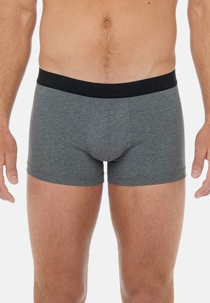 Graue Baumwoll-Boxershorts mit einem schwarzen elastischen Bund, der ein geprägtes Logo-Detail aufweist. Enganliegendes Design, mittlere Oberschenkel-Länge, glatte Textur.