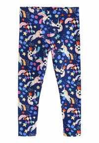 Leggings i en marinblå tyg med ett upprepat mönster av färgglada enhörningar, stjärnor, bubblor och harlekinformer i olika färger.