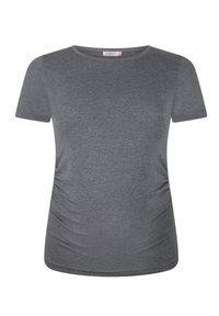Grijze t-shirt met korte mouwen en een ronde halslijn. Heeft gather naden aan de zijkanten voor een getailleerde look. Gemaakt van zachte, rekbare stof.