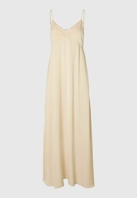 Beige maxi-kjole med tynde justerbare stropper. Har en gathered front med en lille nøglehul detalje. Lavet af glat, letvægtsstof.