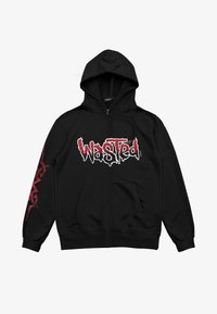 Black zip-up hoodie made of soft fabric featuring a bold "Wasted" logo in red on the chest and intricate red design along the sleeve.