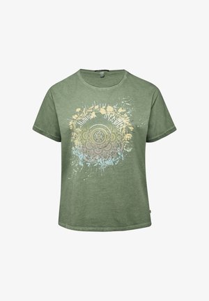 Groen T-shirt met korte mouwen, een ronde hals en een centrale multicolor cirkelvormige bloemenmandala ontwerp.
