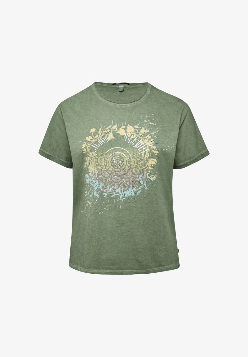 T-shirt vert à manches courtes avec un col rond et un motif central mandala floral circulaire multicolore.