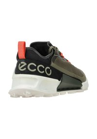 ECCO sporty sneaker in olive green and black, featuring a mesh upper, orange accent laces, and a chunky white sole with a textured grip.