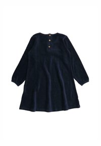 Dunkelblaues, langärmliges Kleid aus weichem Stoff mit lockerer Passform, mit einem durchgehenden Knopfverschluss auf der Rückseite und gerippten Bündchen.